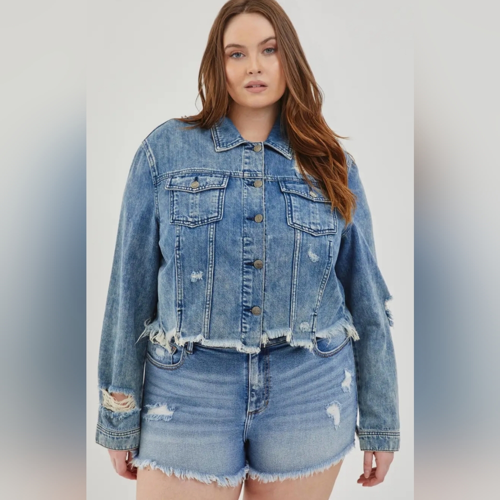 Plus, Uneven Frayed Destroy Acid Fitted Jacket